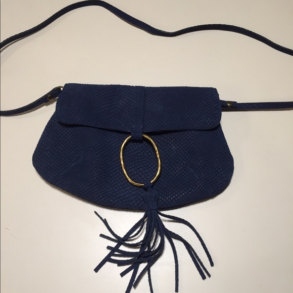Lucky Brand Handbags - Lucky Brand Blue Leather Purse w brass & fringe